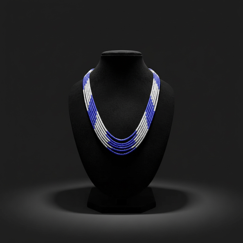 5-strand blue and white seed bead necklace on dark velvet studio display