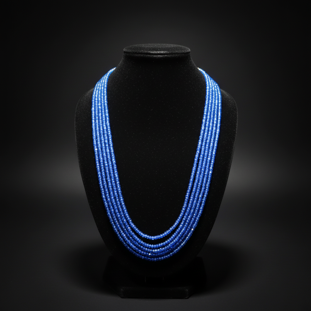 5-strand royal blue crystal bead necklace on dark velvet studio display