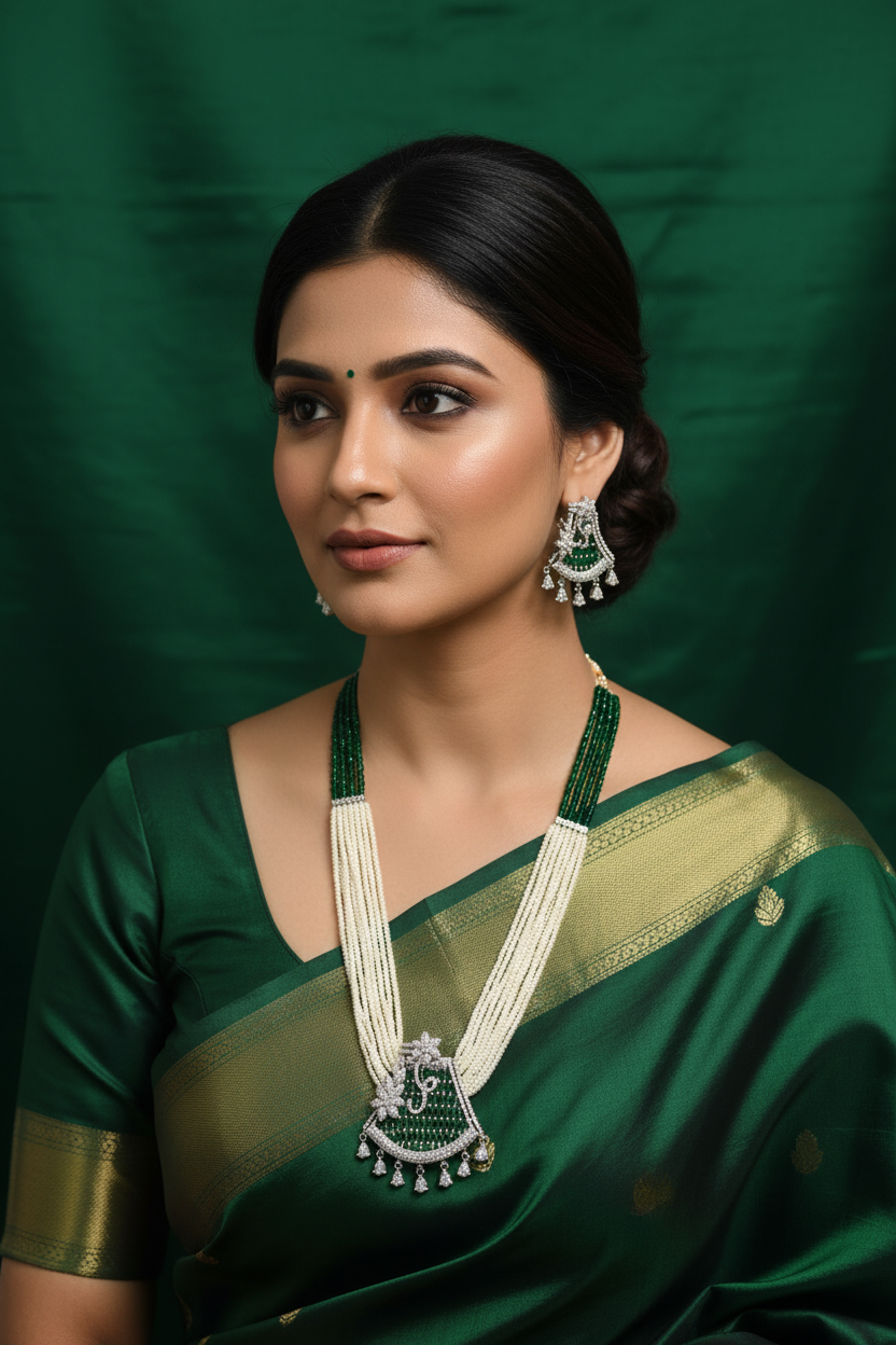 Bridal lifestyle — model wearing pearl and emerald bead AD peacock pendant long necklace set
