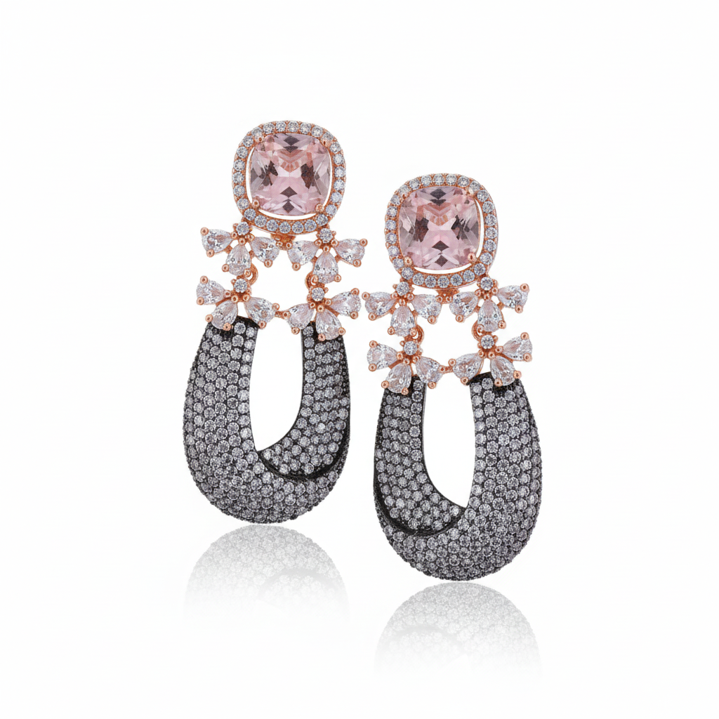 Blush Pink Morganite Horseshoe Drop Earrings - white background studio shot