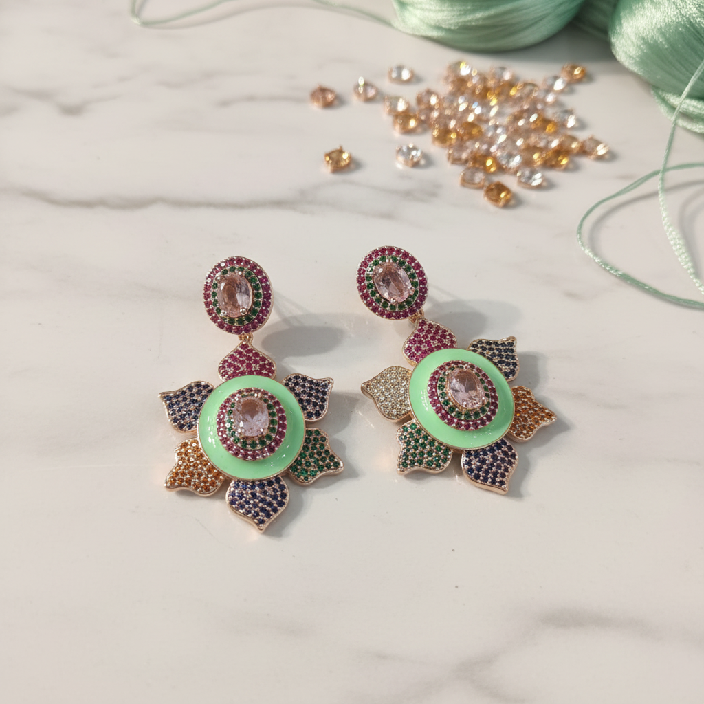 Mint Green Enamel Pink Morganite Lotus Earrings – luxury flat lay on marble