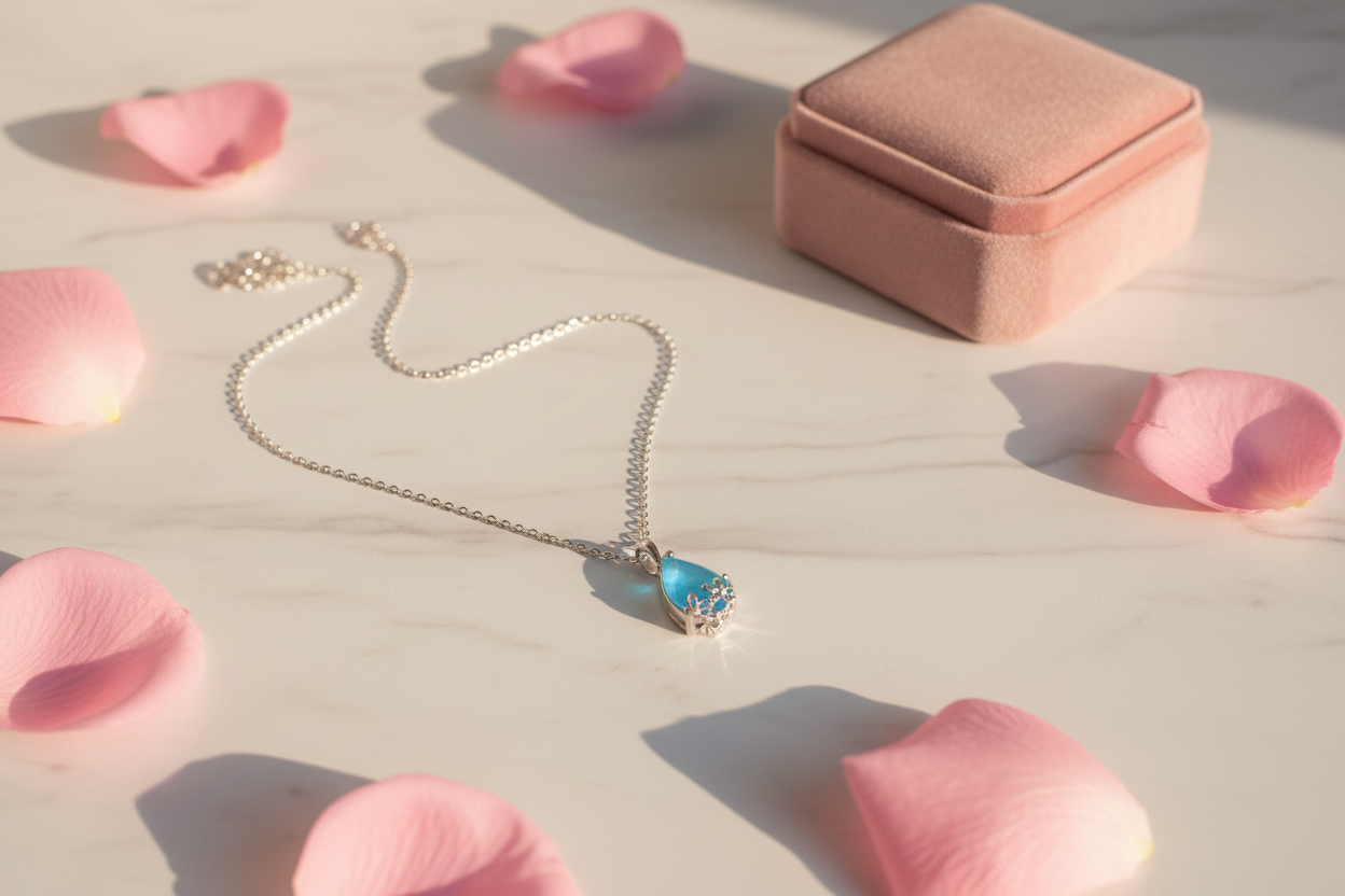 Lifestyle flat lay – Azure Teardrop Pendant Necklace with roses and velvet box