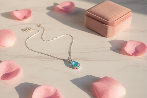 Lifestyle flat lay – Azure Teardrop Pendant Necklace with roses and velvet box