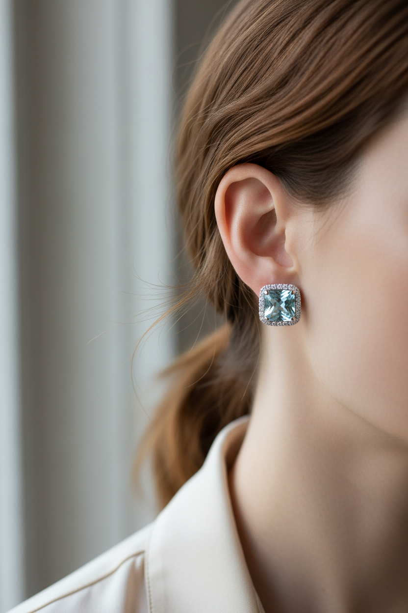 92.5 Sterling Silver Aquamarine Stud Earrings lifestyle editorial shot