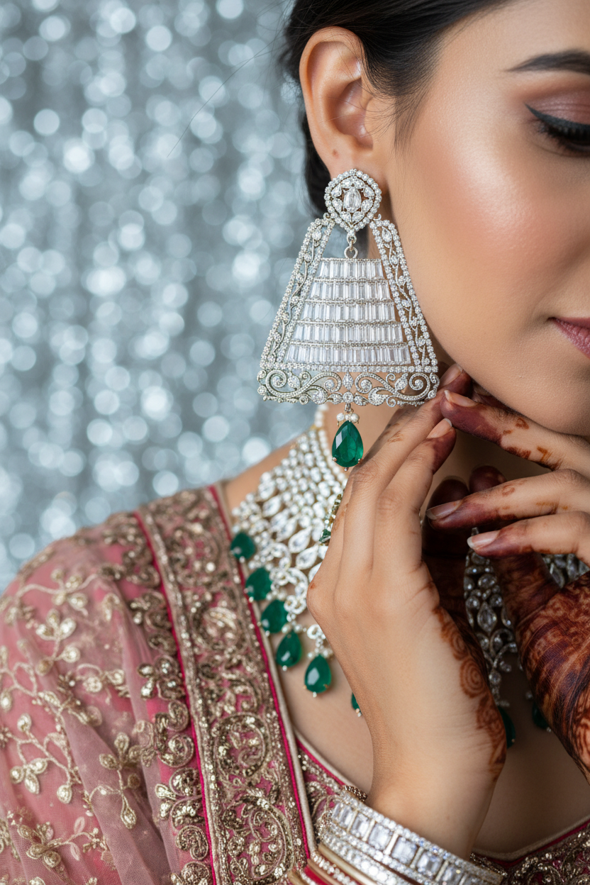 Silver AD Baguette Diamond CZ Wide Bell Earrings - Bridal Lifestyle Editorial