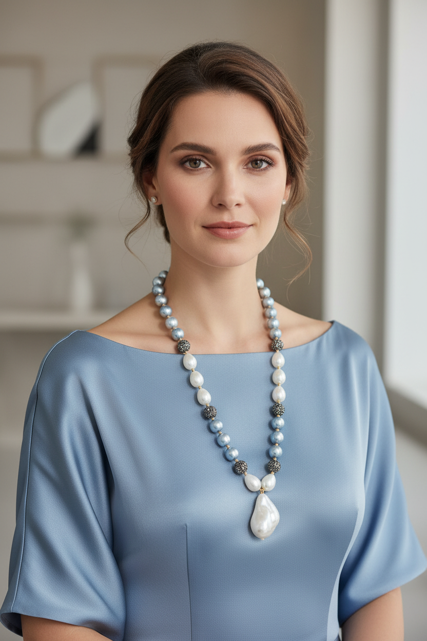 Lifestyle shot — model wearing powder blue pearl and grey AD disco ball long necklace with baroque drops