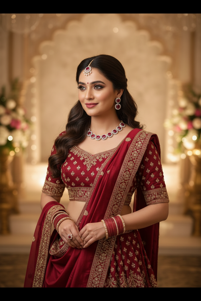 Bridal lifestyle — model wearing ruby round halo AD necklace set