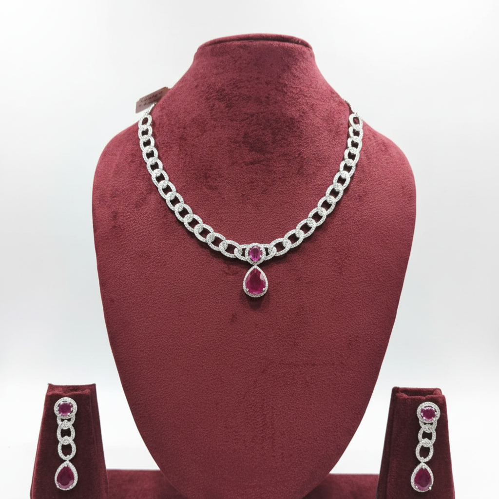 Ruby AD curb chain necklace set on burgundy velvet display