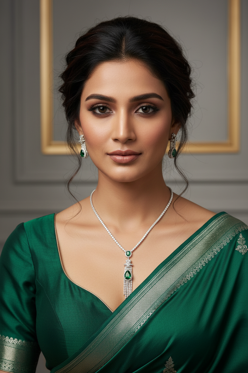 Lifestyle shot — model wearing emerald tassel necklace