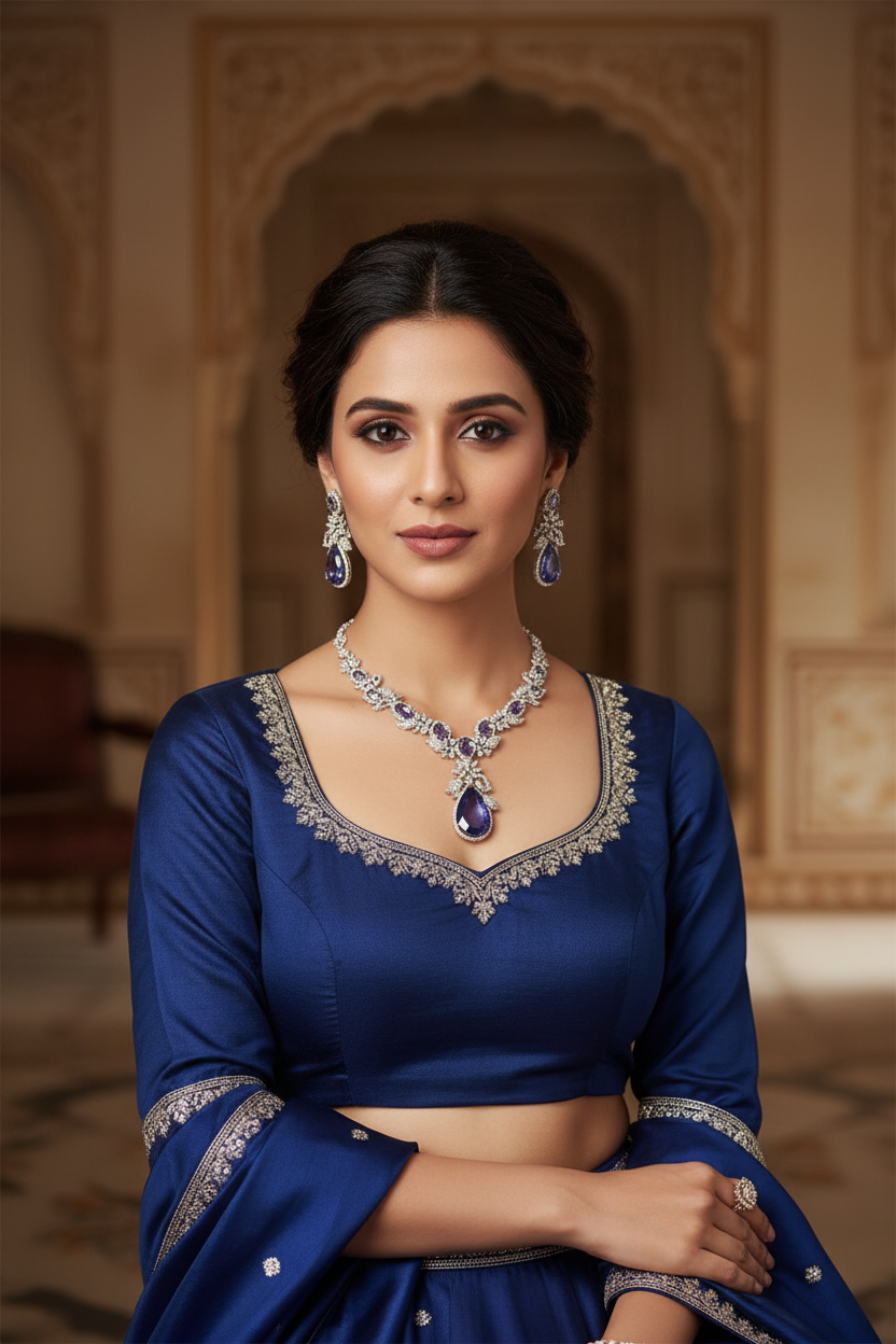 Bridal lifestyle — model wearing sapphire blue floral AD necklace set