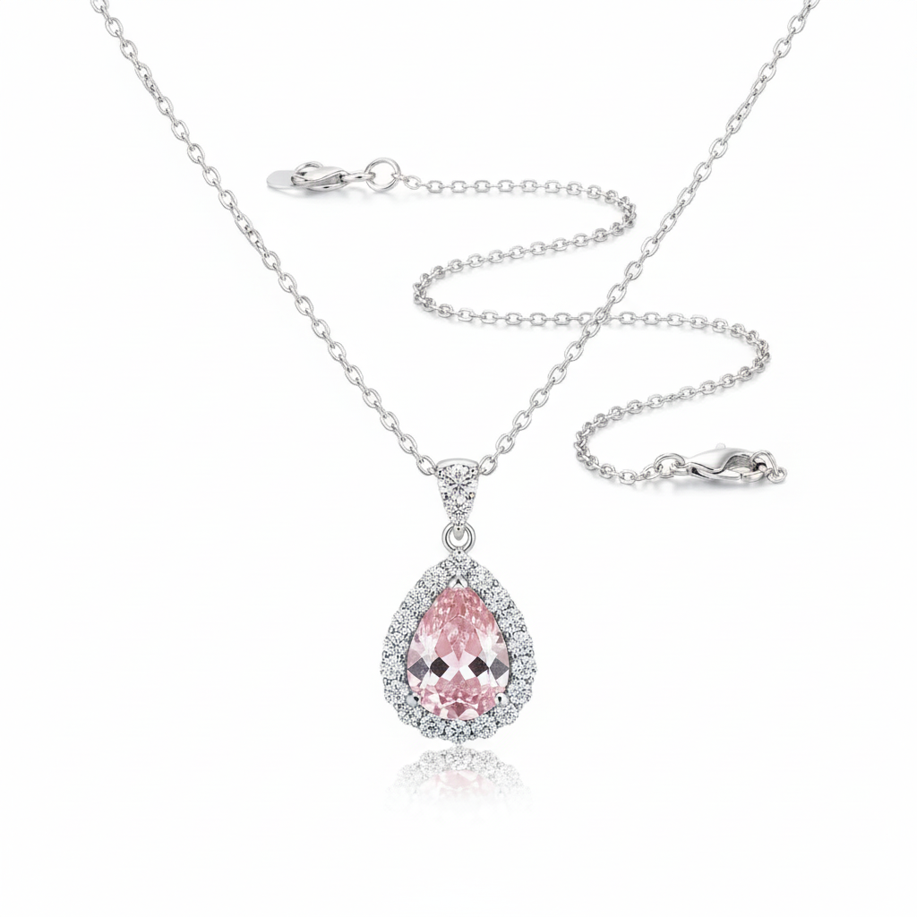Blush Pink Teardrop CZ Chain Pendant - Studio White Background