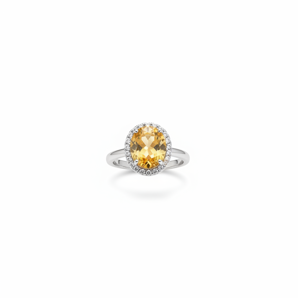 92.5 Sterling Silver Citrine Yellow Round Cluster Halo Ring studio product shot