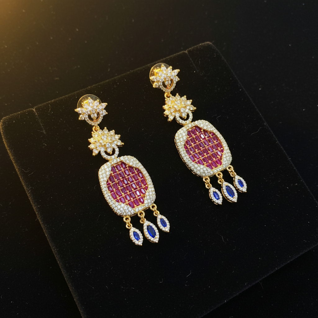 Gold AD Ruby Red CZ Oval Earrings Style II - Black Velvet Studio Shot