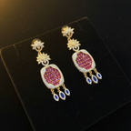 Gold AD Ruby Red CZ Oval Earrings Style II - Black Velvet Studio Shot