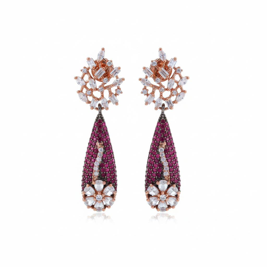 Fuchsia Ruby & Diamond Drop Earrings - white background studio shot