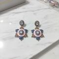 Navy Blue Amber Pink Enamel Lotus Earrings – luxury flat lay on marble