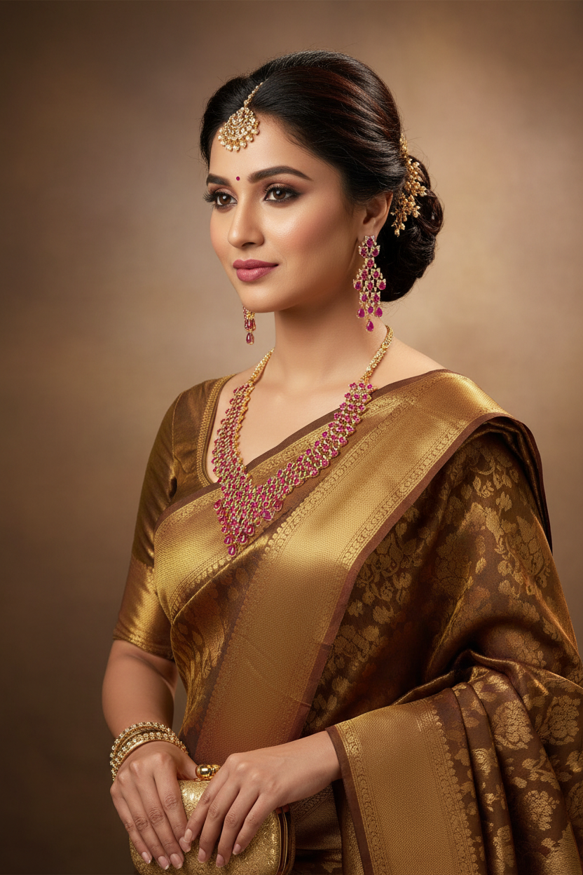 Bridal lifestyle — model wearing ruby pink and gold AD V-shape fringe waterfall necklace set