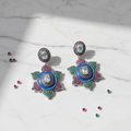 Multicolour CZ Lotus Flower Blue Enamel Earrings – luxury flat lay on marble