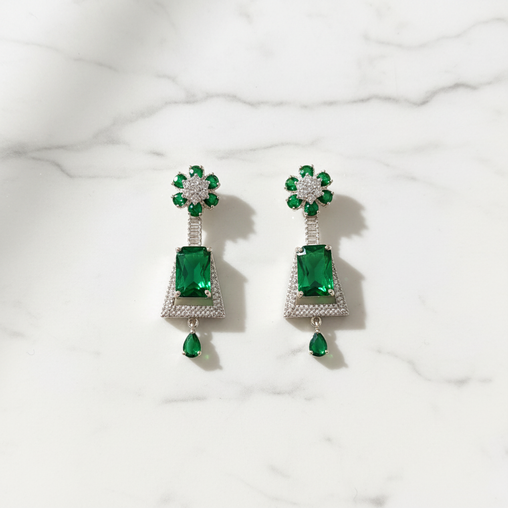 Silver AD Emerald Green CZ Trapezoid Earrings - Studio Promotional Shot