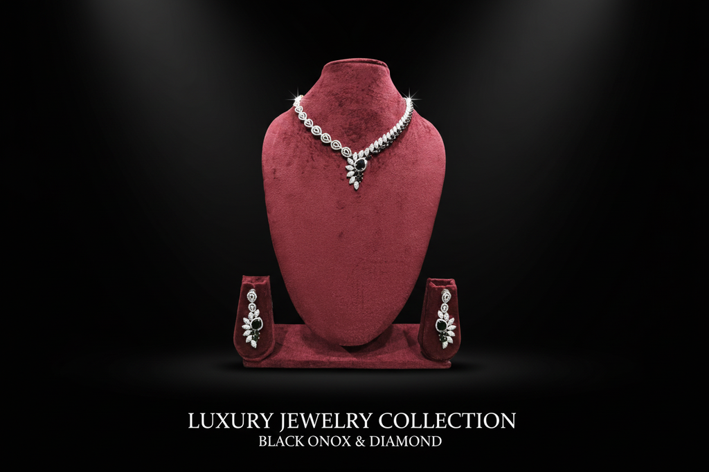 Black onyx leaf AD necklace set promotional banner on black background