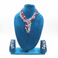 Ruby pink bead AD floral vine Y-necklace set on navy velvet display