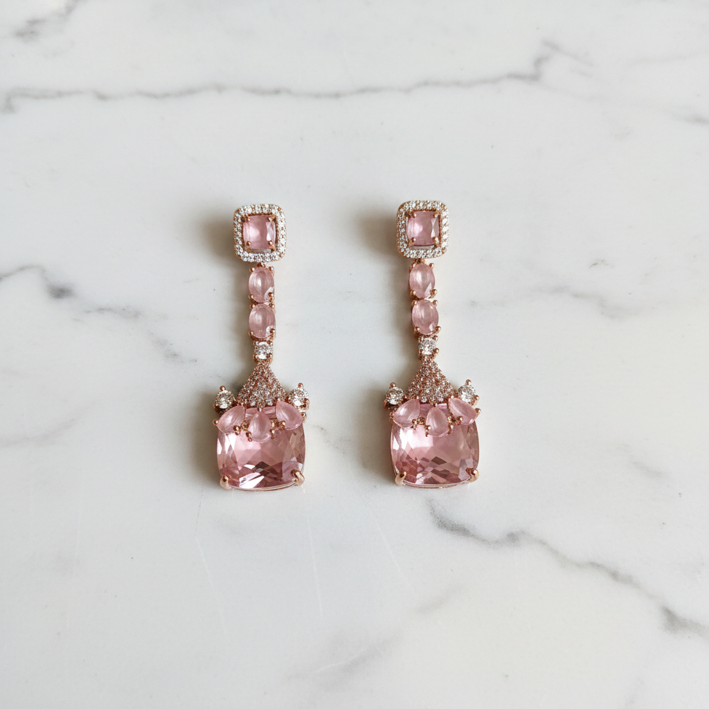 Rose Gold AD Blush Pink CZ Long Drop Earrings - Studio Promotional Shot