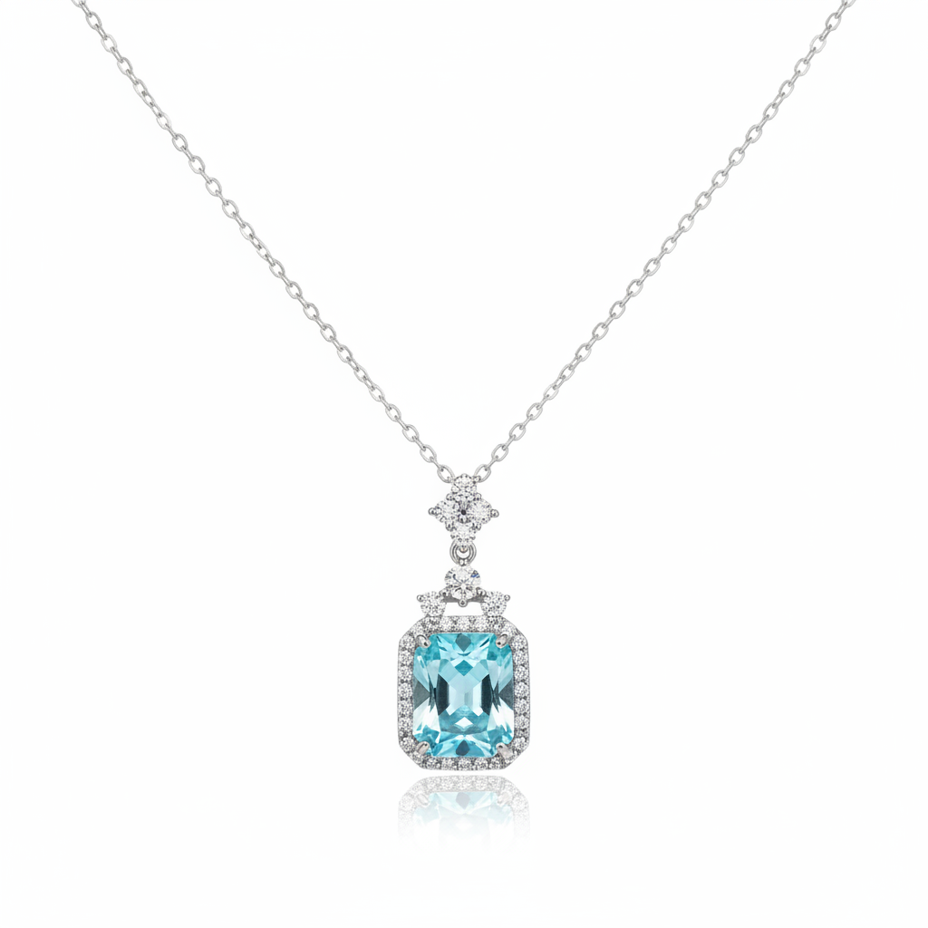 Aqua Blue Cushion CZ Chain Pendant - Studio White Background