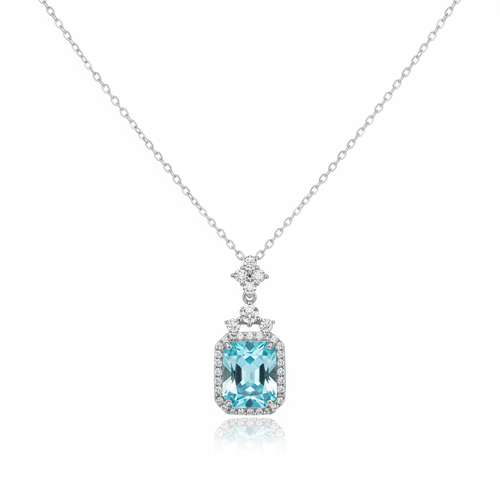 Aqua Blue Cushion CZ Chain Pendant - Studio White Background