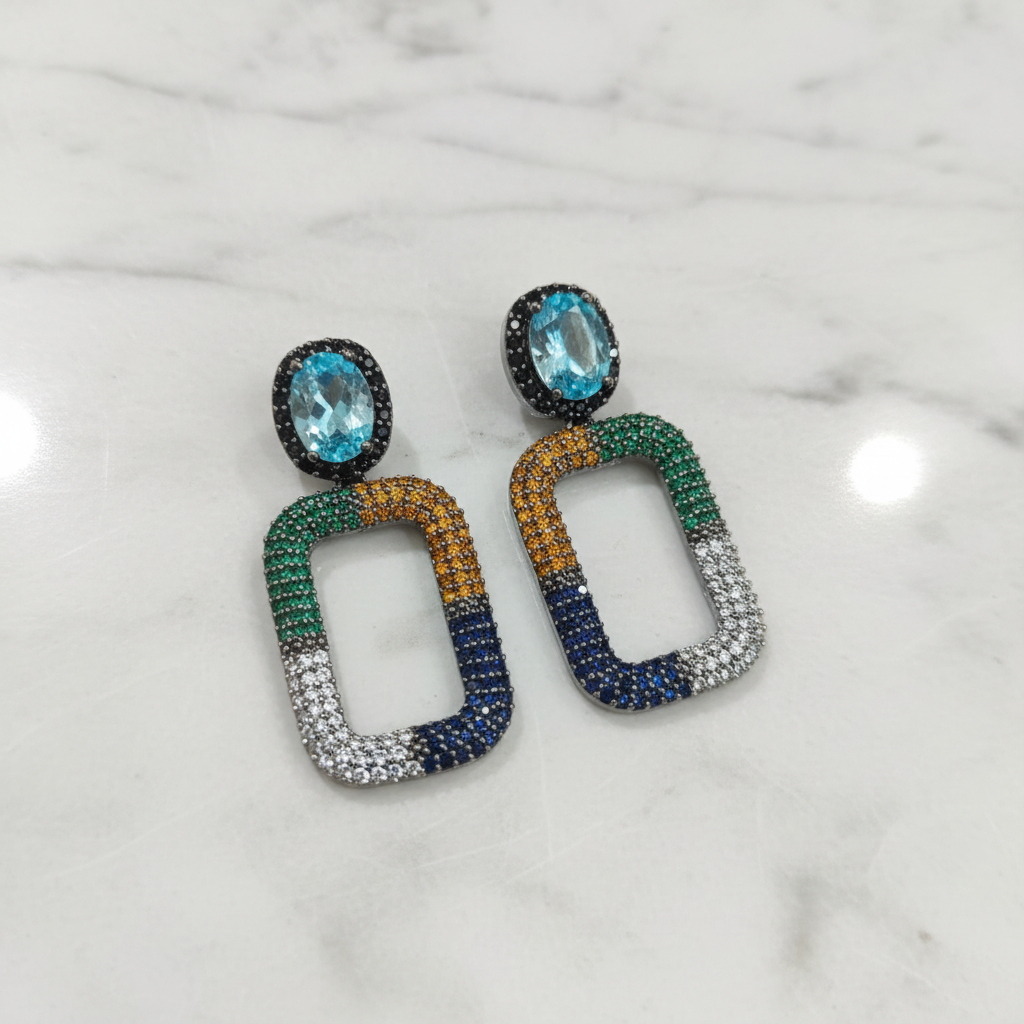 Aquamarine CZ Multicolour Rectangle Earrings – luxury flat lay on marble