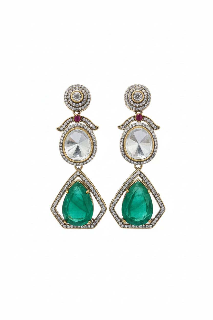 Polki Emerald Three-Tier Chandelier Drop Earrings – white background studio promotional image