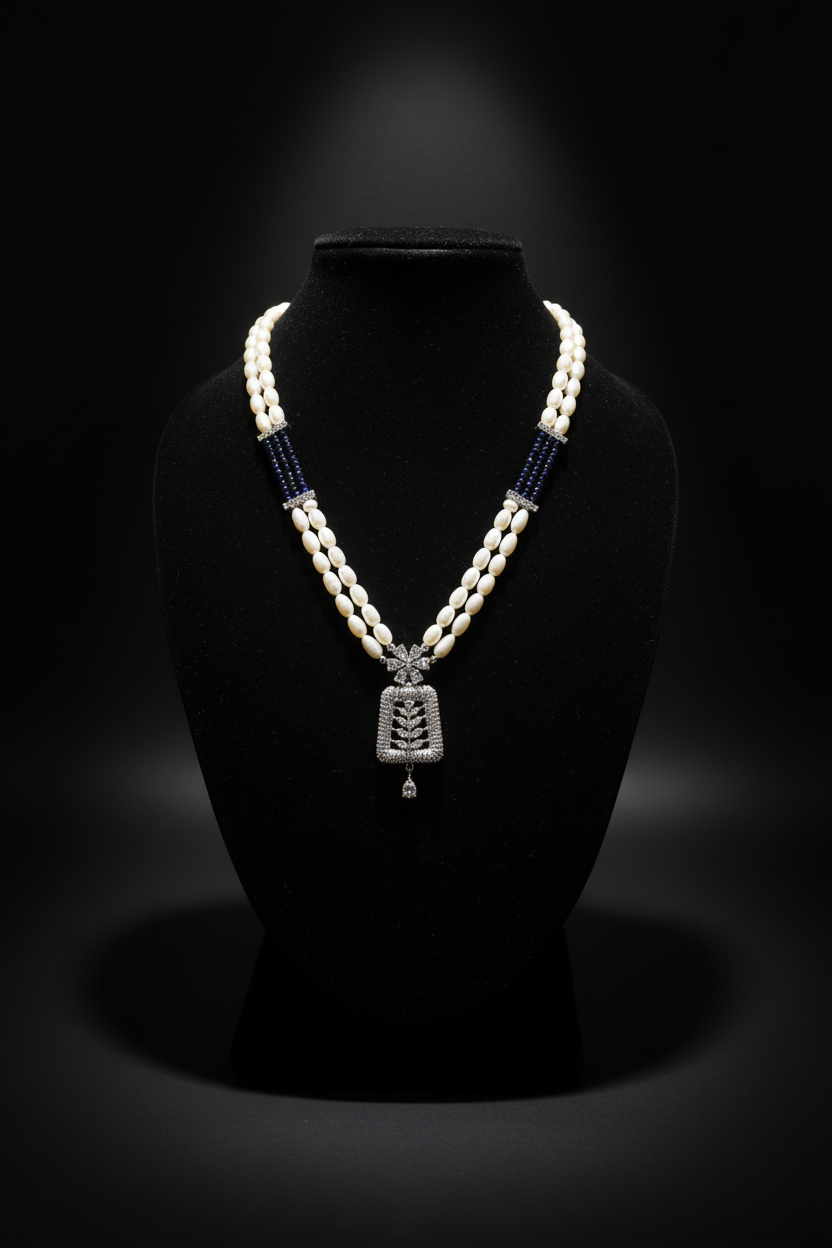 Pearl and AD pendant necklace set with earrings on dark velvet studio display
