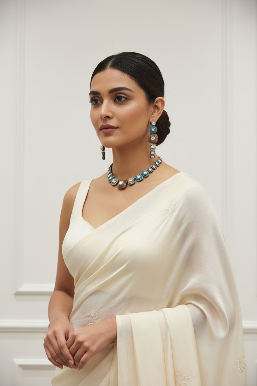 Lifestyle shot — model wearing multicolour AD square stone graduated choker necklace set