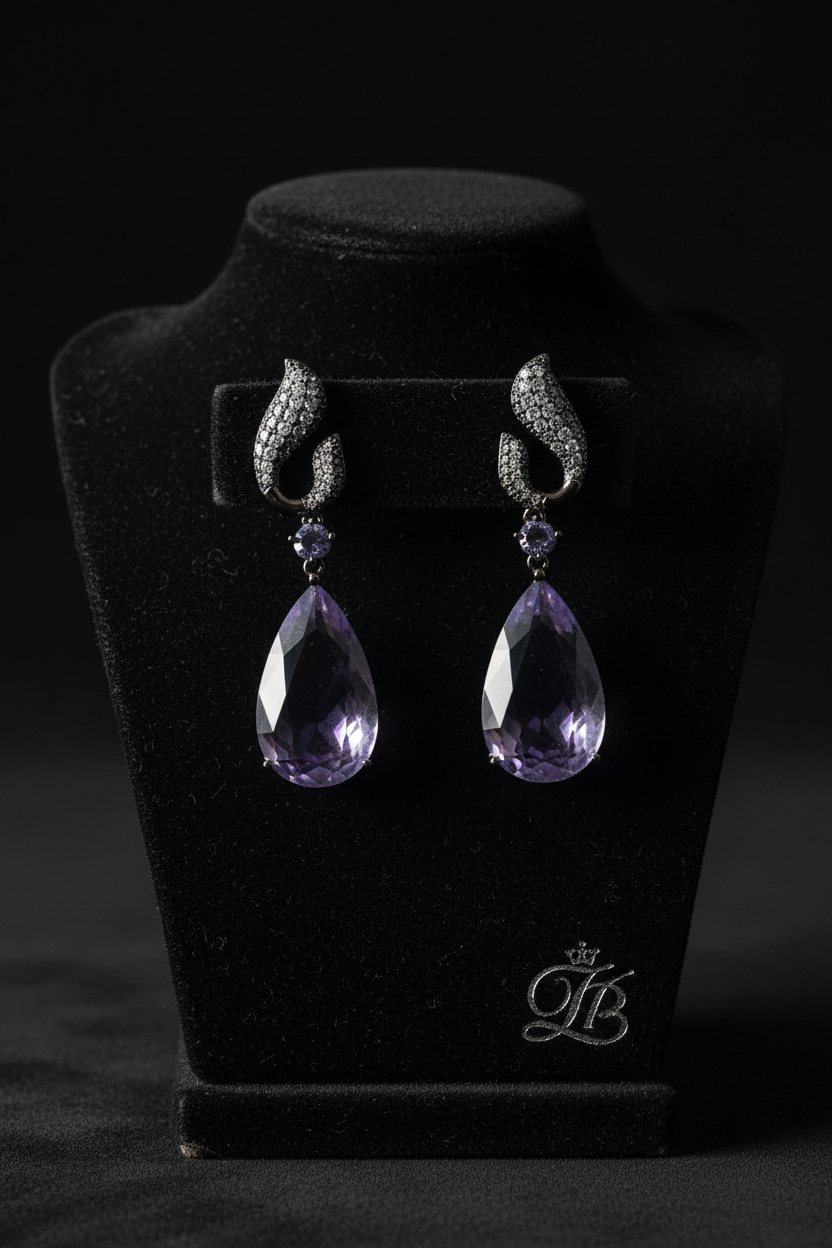 Violet Mist Wave Teardrop Drop Earrings – dark velvet luxury editorial promotional image