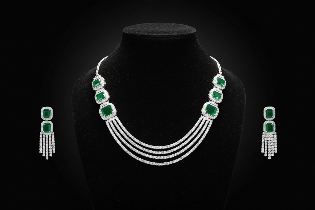 Emerald multi-strand AD necklace set promotional banner on black background