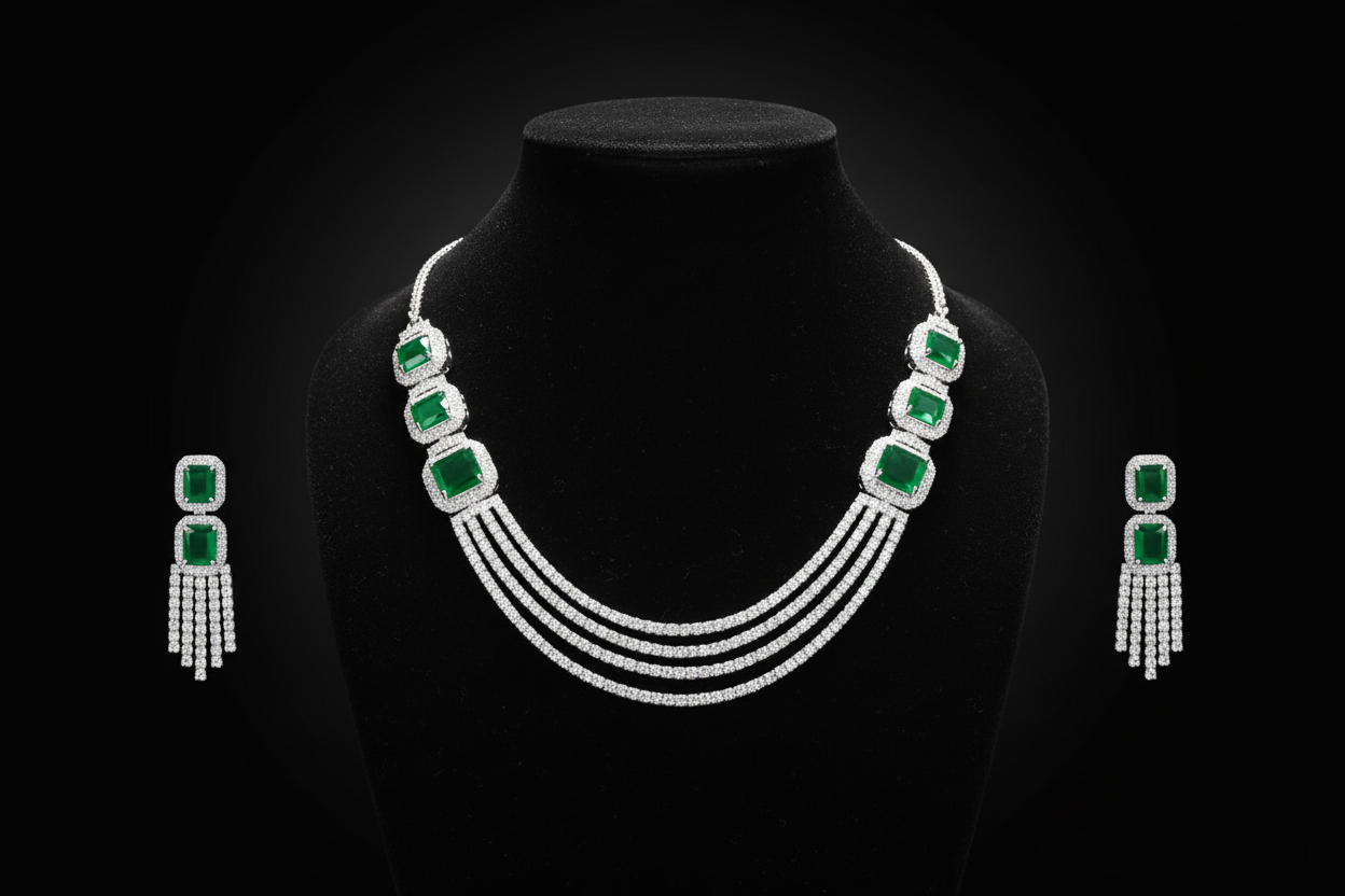 Emerald multi-strand AD necklace set promotional banner on black background
