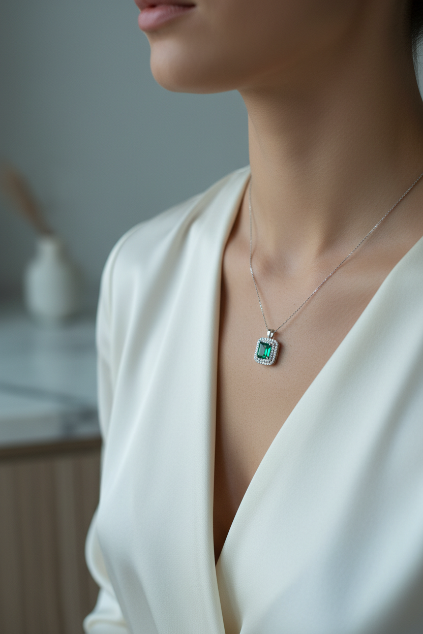 Emerald Green Square CZ Chain Pendant - Lifestyle Editorial
