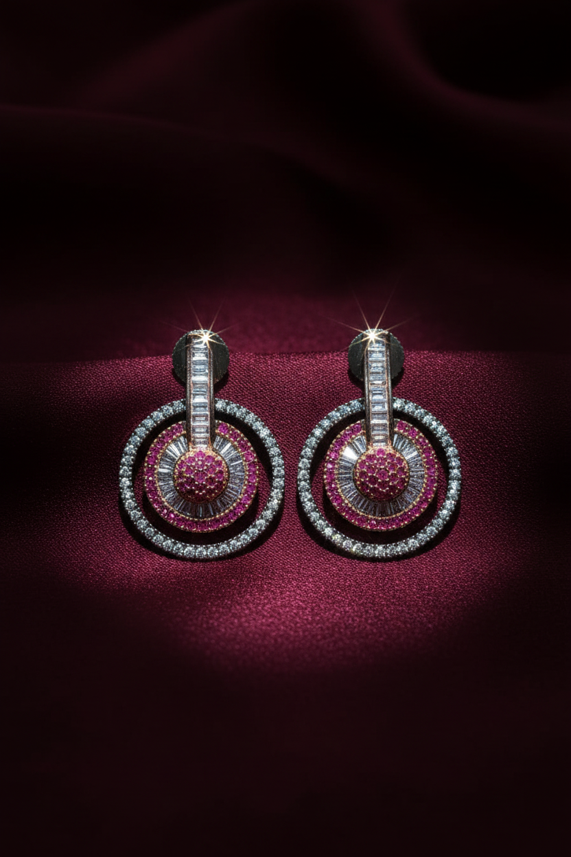 Ruby and diamond oxidised circle drop earrings editorial on burgundy silk