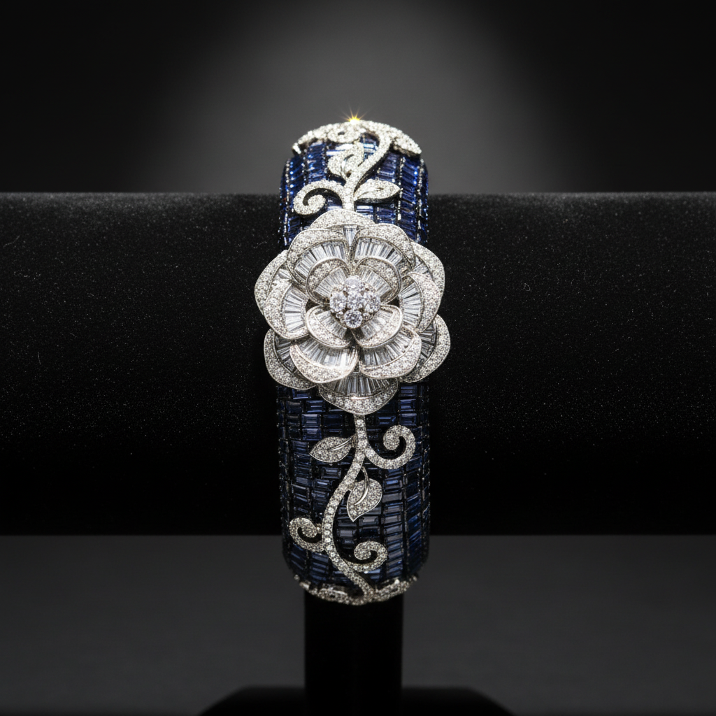 Navy blue sapphire baguette AD bangle with white floral AD sculpture on dark velvet studio display