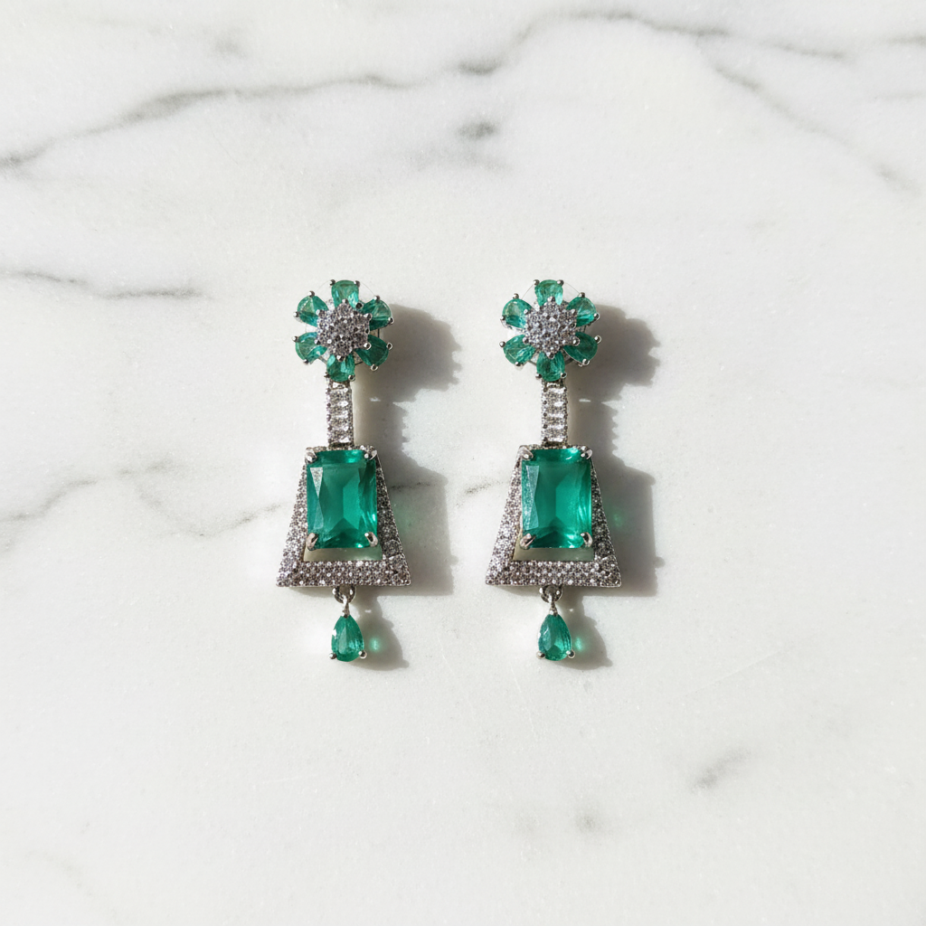 Silver AD Emerald Green CZ Bell Drop Earrings - Studio Promotional Shot