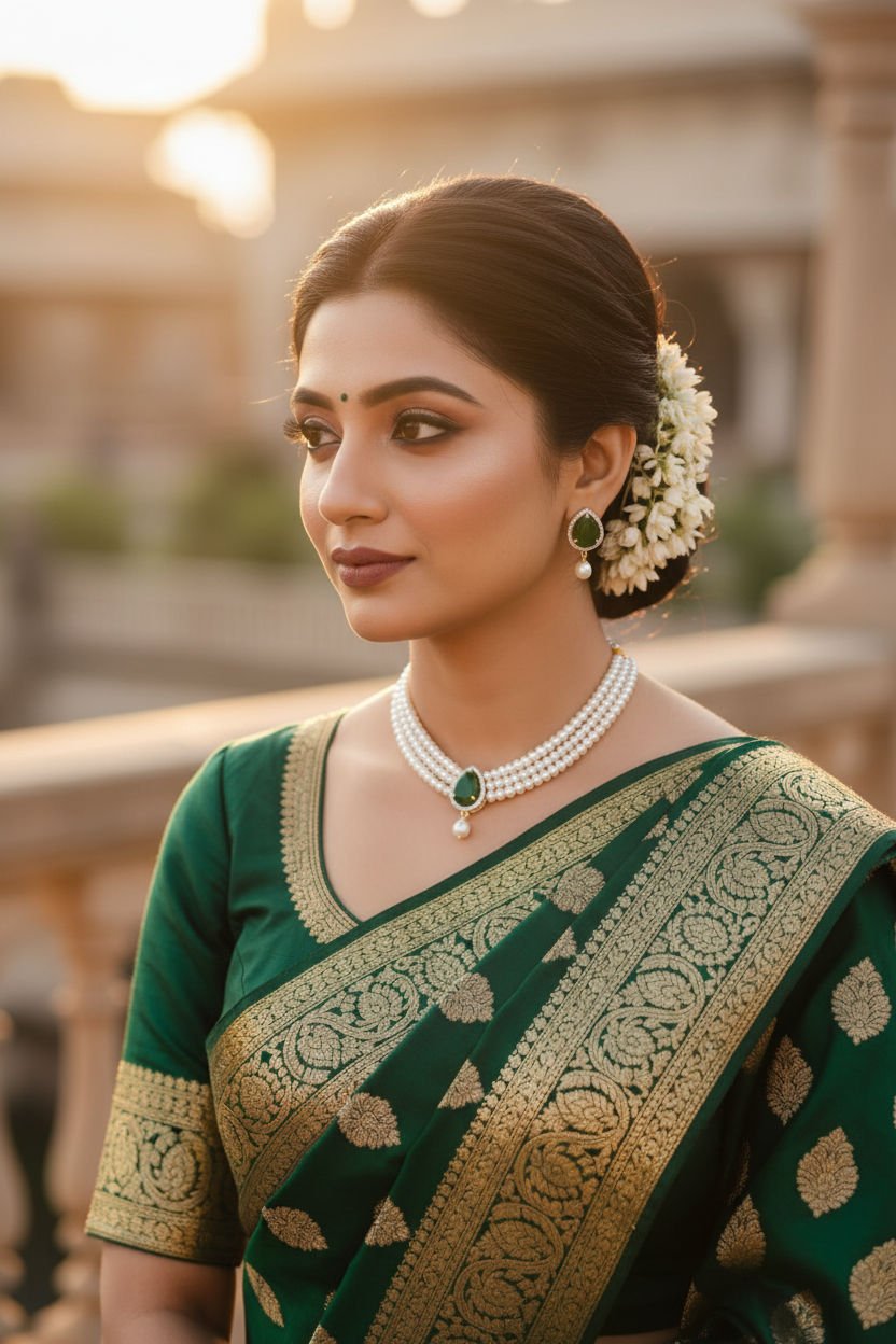 Bride wearing 2-strand seed pearl choker with emerald teardrop AD pendant styled with green saree