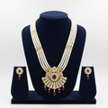 Pearl and ruby AD fan pendant long necklace set on navy velvet display