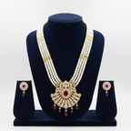 Pearl and ruby AD fan pendant long necklace set on navy velvet display