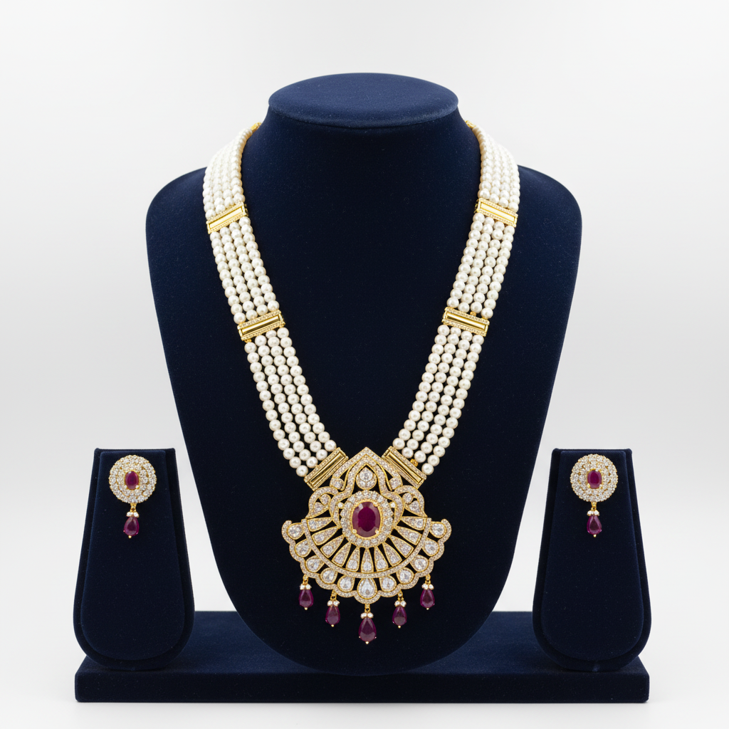Pearl and ruby AD fan pendant long necklace set on navy velvet display