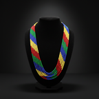 7-strand rainbow stripe seed bead necklace on dark velvet studio display