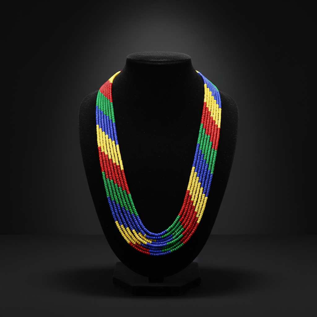 7-strand rainbow stripe seed bead necklace on dark velvet studio display