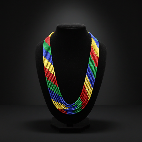 7-strand rainbow stripe seed bead necklace on dark velvet studio display