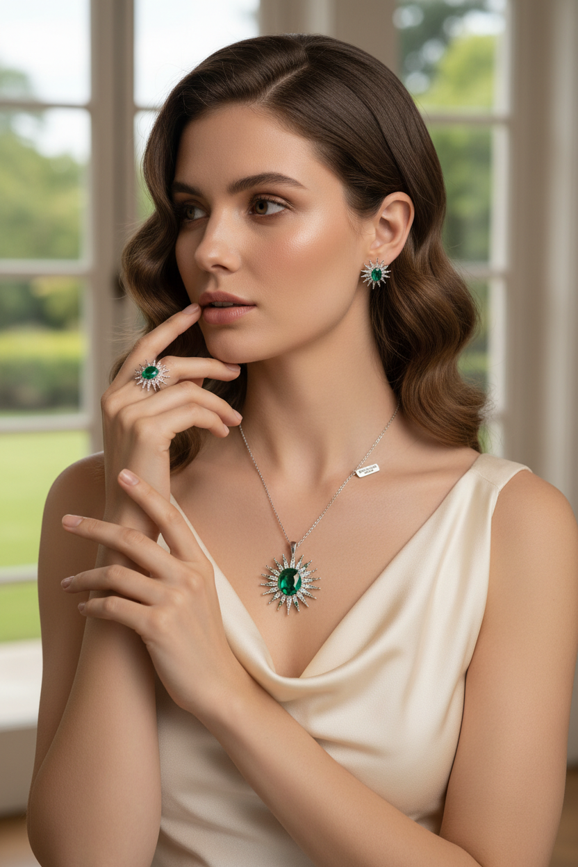 92.5 Sterling Silver Emerald Jewellery Set lifestyle editorial shot