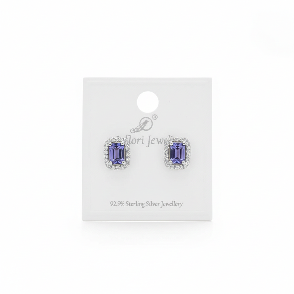 92.5 Sterling Silver Tanzanite Blue Rectangular Halo Stud Earrings studio product shot