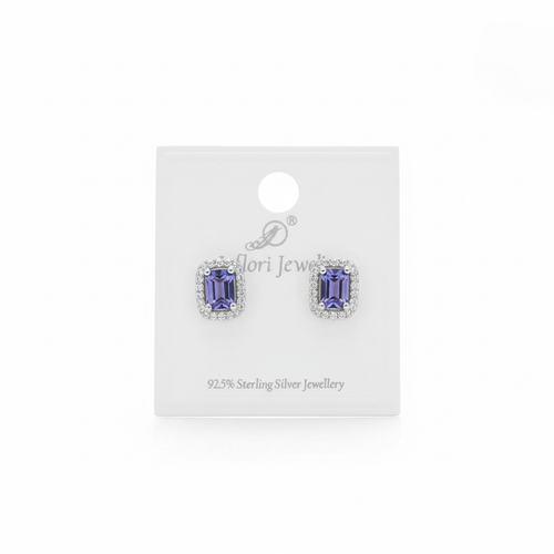 92.5 Sterling Silver Tanzanite Blue Rectangular Halo Stud Earrings studio product shot
