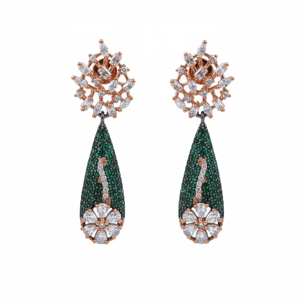 Emerald Green & Diamond Drop Earrings - white background studio shot